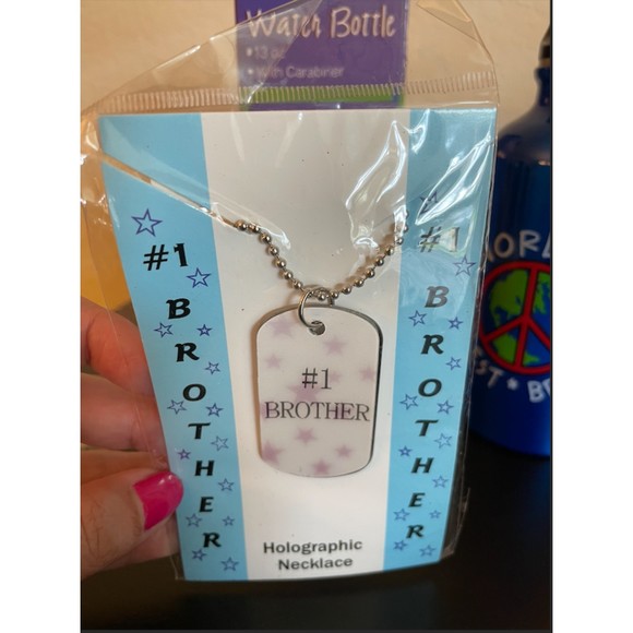 NEW-Brother Set-Water Bottle and Holographic Dog Tag Necklace #1 Brother - Picture 4 of 8